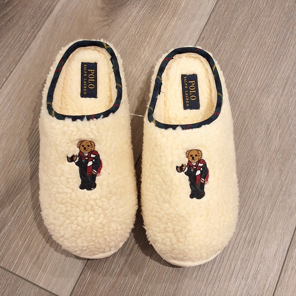 Polo Ralph Lauren Women's Charlotte Teddy Slippers In Cream, Size 6, NEW